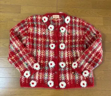 핑크하우스, 카네코 이사오, 빈티지, 빨간 꽃 자수 손뜨개질 가디건