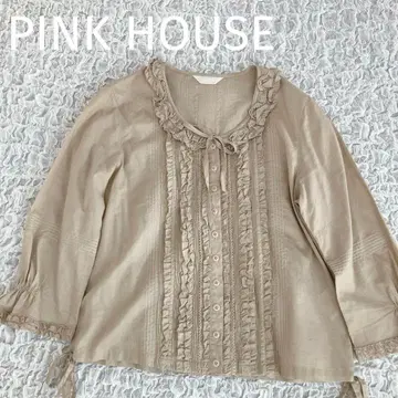 핑크하우스 피코 프릴 블라우스 리본 핀턱 베이지