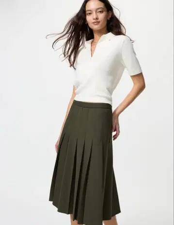 UNIQLO 유니클로 와이드 플리츠 미디 스커트 올리브 XL 사이즈