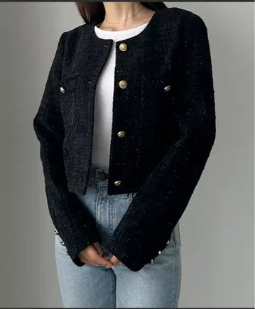 노카라 트위드 자켓 블랙