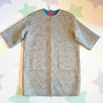 MAX&Co. 라메 트위드 멀티 컬러 롱 코트 반팔 포켓 부착 블루