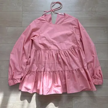 컨디션 최상 yori 티어드 롱 블라우스 백리본 핑크 프릴 긴팔 F