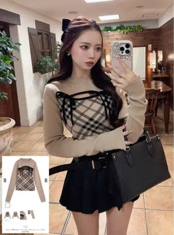 체크 무늬 프론트 오픈 리본 니트탑