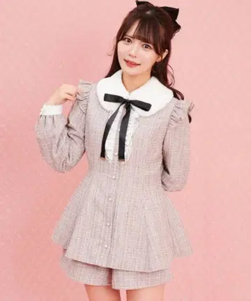 SecretHoney 퍼 카라 부착 트위드 셋업