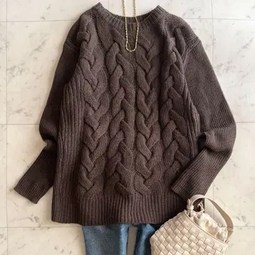 새상품급 띠어리 럭스 울 100% 리브 케이블 니트 브라운