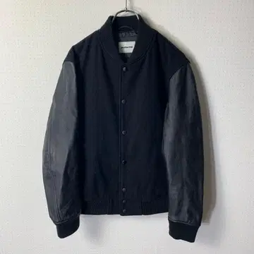 몽키타임 소매 가죽 바시티 자켓 블랙 울 스냅 버튼 블루종