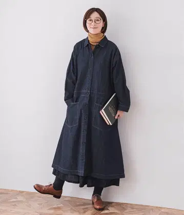 다크 데님 셔츠 원피스 긴팔