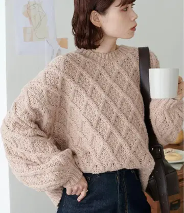 디스코트 WEB 한정판 빅 슬리브 케이블 니트 핑크 베이지 M