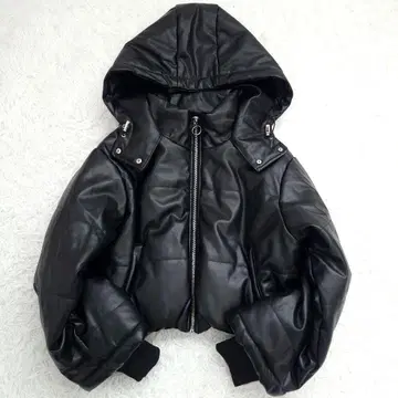 새상품급 후드 가죽 충전솜 블루종 인조 가죽 두께감 숏 기장 소매 리브