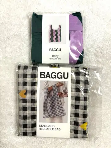 새상품 BAGGU 웨이브 스트라이프 체크 하트 에코백 세트