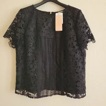 로즈 티아라 블랙 꽃무늬 레이스 반팔 블라우스 42