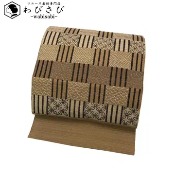 나고야 오비 견직 자수 패턴 칠보 거북 등 무늬 밀짚색 장척 O-5086