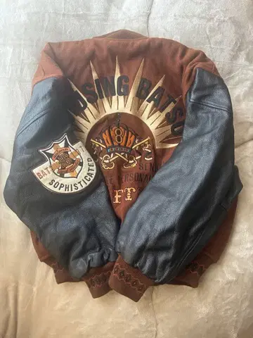 [ BA-TSU ] 바츠 80s 90s 자수 소매 가죽 멜톤 바시티 자켓