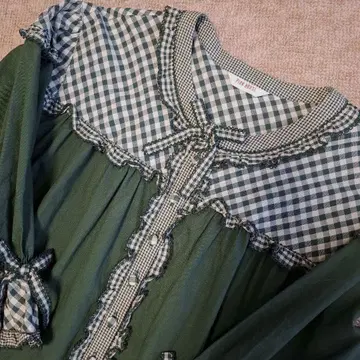 핑크하우스 그린 체크 프릴 원피스