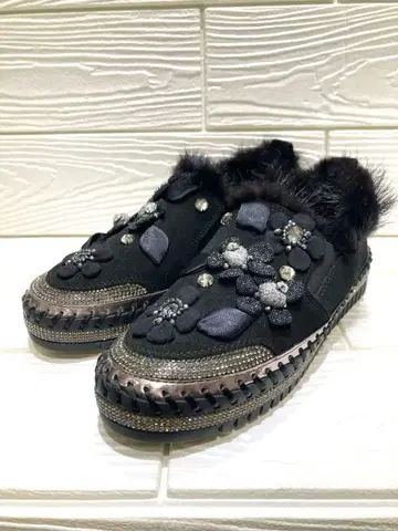 미사용 벨퍼치 모피 포함 슬립온 스웨이드 블랙