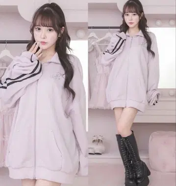 pium 더블 라인 비쥬 프린트 지퍼 맨투맨 핑크