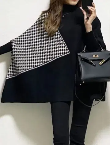 한국 패션 하운드투스 체크 절개 하이넥 아지메 니트 판초 소매 있음 블랙