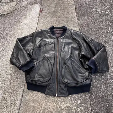 KNIFE 소가죽 가죽 봄버 자켓 네이비