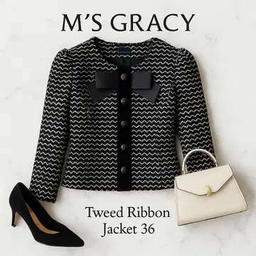 택 포함 새상품 엠즈 그레이시 트위드 노카라 자켓 리본 36