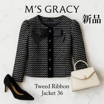 택 포함 새상품 엠즈 그레이시 트위드 노카라 자켓 리본 36