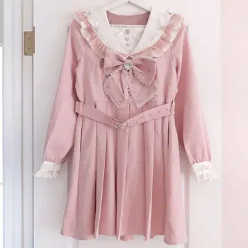 디어마이러브 하트 비쥬 리본 레이스 학원 원피스 핑크 L