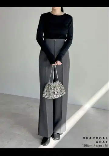 차콜 그레이 와이드 팬츠 컷 트윌 하이웨스트 지퍼 팬츠