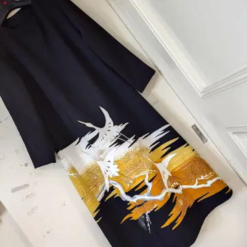 전통 예복 기모노 리메이크 학 패턴 둥근넥 A 라인 롱 원피스