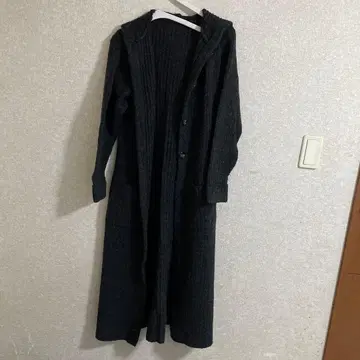 울 후드 부착 롱 가디건 다크 그레이