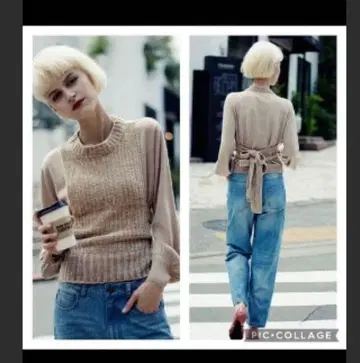 AMERI 새상품급 베이지 리본 포함 긴팔 니트