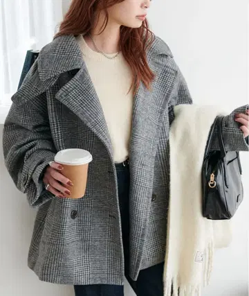 discoat 중공사 스탠드 미들 코트 체크 무늬
