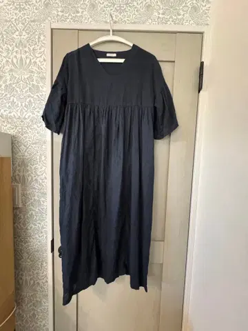 fog linen work 반팔 네이비 무릎 기장 원피스