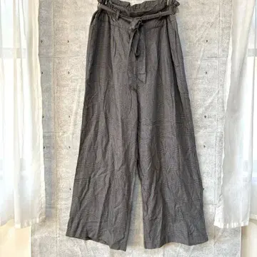 브라우니 스탠다드 체크 무늬 와이드 팬츠 허리 리본 허리밴딩