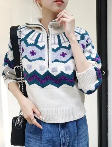 EVRIS 노르딕 무늬 하프 지퍼 니트 에브리리스