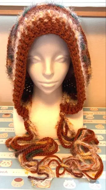 손뜨개질 후드 모자 오렌지 발라클라바