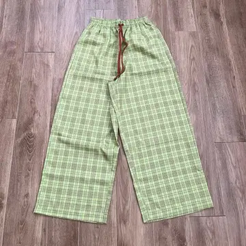 그린 컬러 체크 무늬 와이드 팬츠