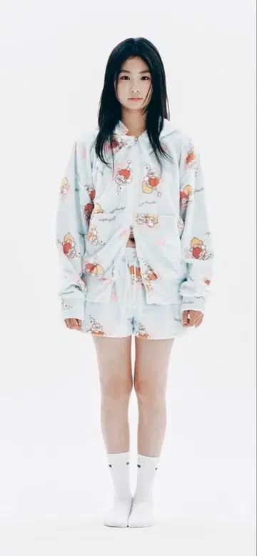 스카이블루 꽃무늬 후드 부착 셋업