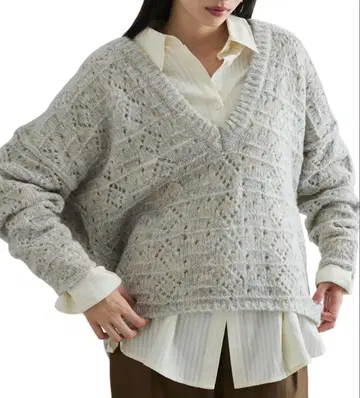 VIS 오버 사이즈 V넥 니트 스웨터 그레이