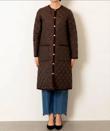 트래디셔널 웨더웨어 퀼팅 코트 롱 기장 32 짙은 갈색