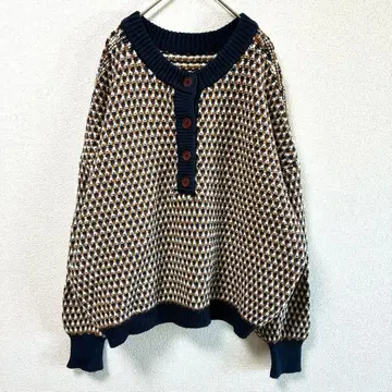 클래식 엘프 레트로 패턴 하프 버튼 니트 풀오버 M 볼륨 소매