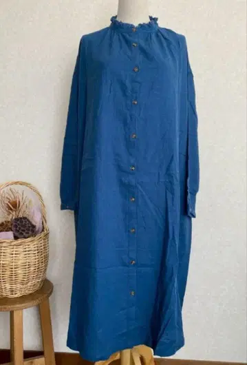 택 포함 새상품 린넨 원피스 블루 F