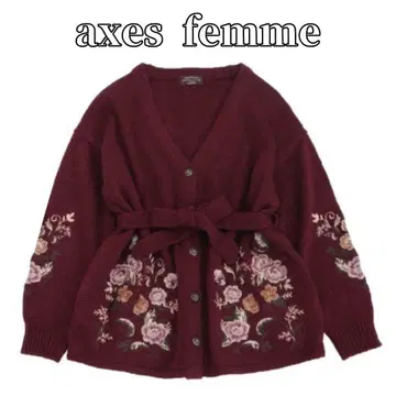 axes femme 노스탤지 장미 자수 롱 니트 가디건 와인 M