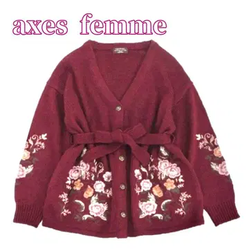 axes femme 노스탤지 장미 자수 롱 니트 가디건 와인 M