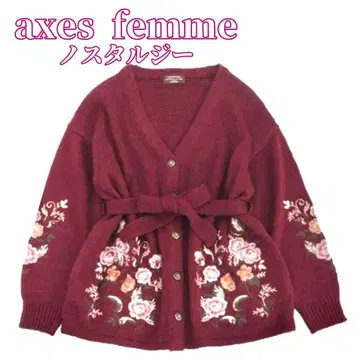 axes femme 노스탤지 장미 자수 롱 니트 가디건 와인 M