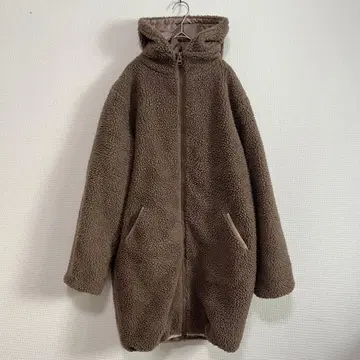 JUNOAH 보아 플리스 자켓 후드 부착 브라운 롱 기장 L 사이즈