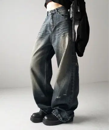 me+em select 데미지 와이드 루즈 데님