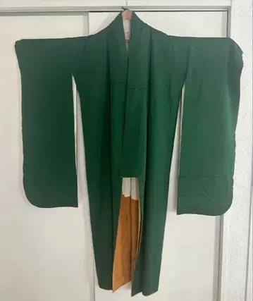 그린 컬러 후리소데 기모노 새상품급 실크