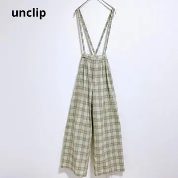[언클립] 서스펜더 와이드 팬츠 체크 무늬 올리브 그린