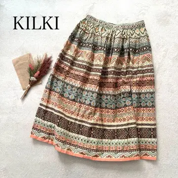 [킬키] (F) 플레어 스커트 종아리 기장 에스닉 기하학 패턴 코튼