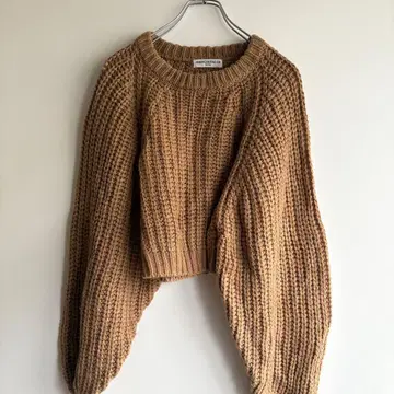 베이지 크롭 스웨터 긴팔 리브