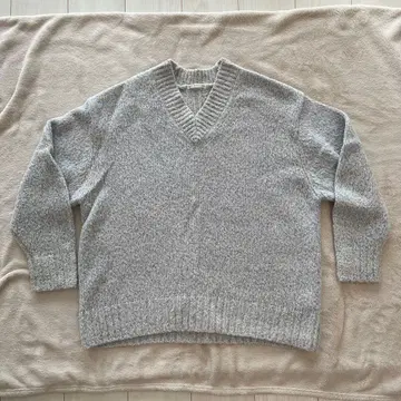 ESTNATION 믹스 커브 슬리브 V넥 니트 스웨터 블루